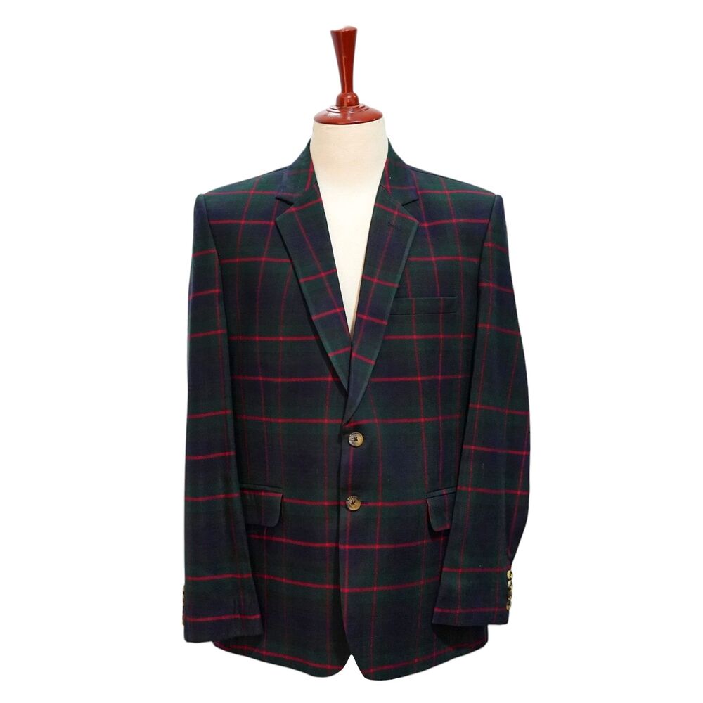 Mens Wool Sport Coat 42L Green Blue Red Tartan Plaid Blazer 2 Button Wedding